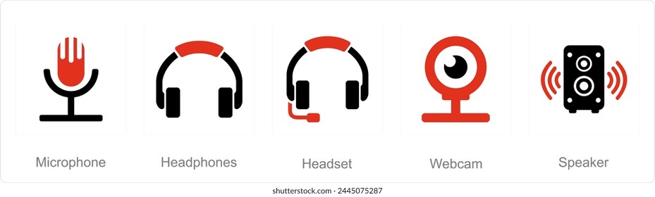 A set of 5 Computer Parts icons as microphone, heaphones, headset