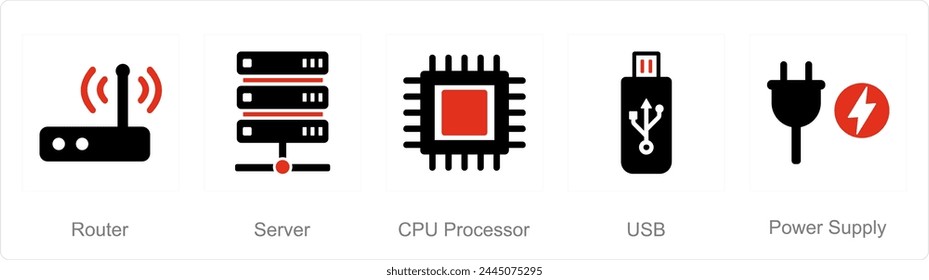 A set of 5 Computer Parts icons as router, server, cpu processor