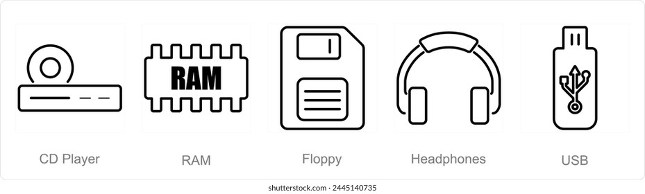 A set of 5 Computer Parts icons as cd player, ram, floppy