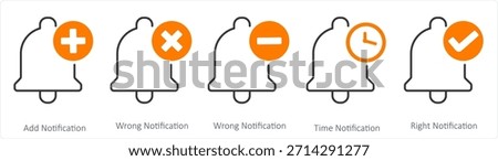A set of 5 contact icons as add notification, wrong notification, time notification