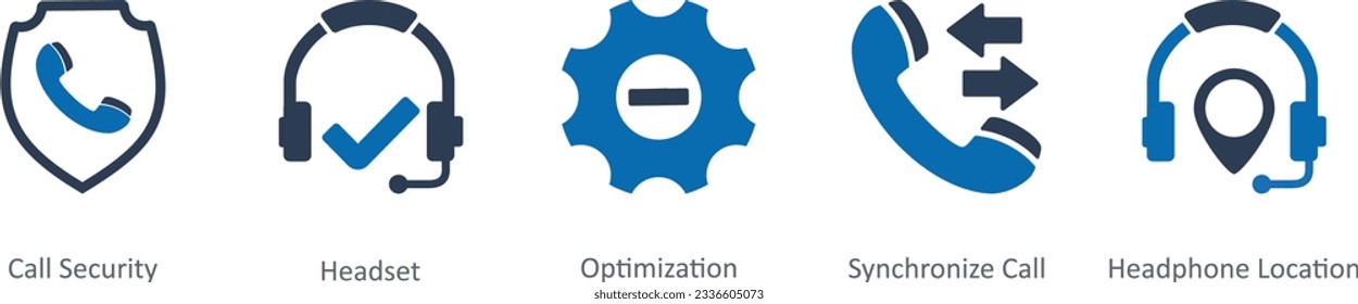 A set of 5 Contact icons as call security, headset, optimization