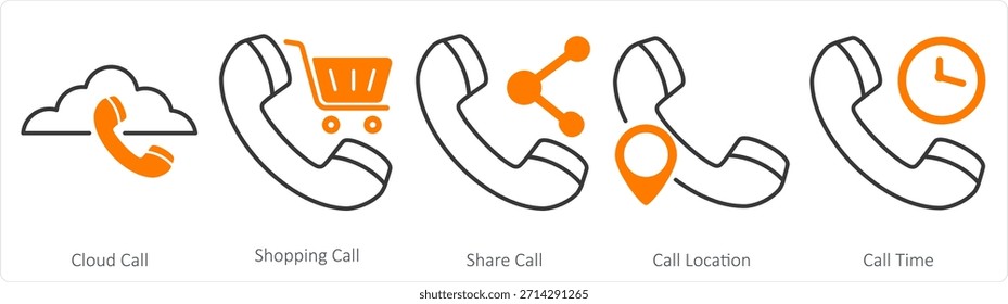 A set of 5 contact icons as cloud call, shopping call, share call