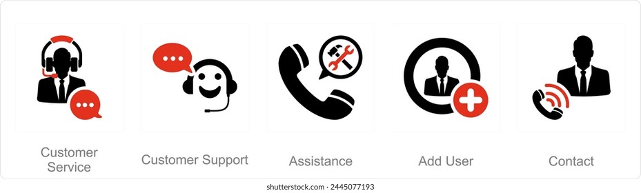 A set of 5 Contact icons as customer service, customer support, assistance