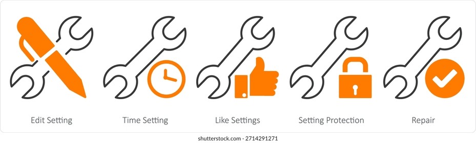 Un conjunto de 5 iconos de contacto como ajuste de edición, ajuste de tiempo, como Configuraciones