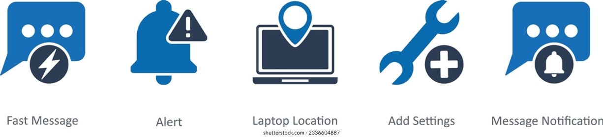 Un conjunto de 5 iconos de contacto como mensaje rápido, alerta, ubicación del portátil
