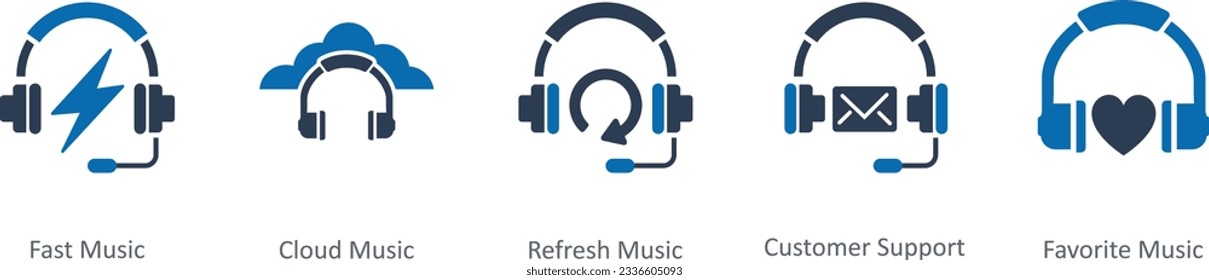 A set of 5 Contact icons as fast music, cloud music, refresh music