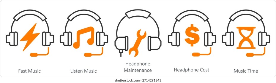 Un conjunto de 5 iconos de contacto como música rápida, escuchar música, mantenimiento de auriculares
