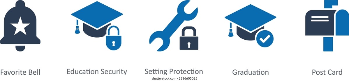 A set of 5 Contact icons as favorite bell, education security, setting protection