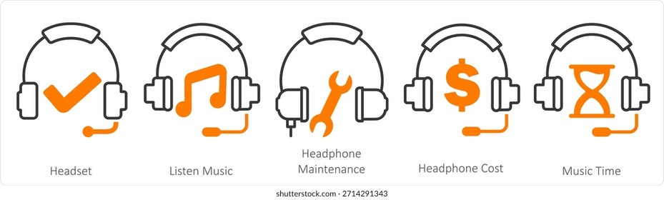 Um conjunto de 5 ícones de contato como fone de ouvido, ouvir música, manutenção de fone de ouvido