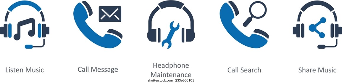 A set of 5 Contact icons as listen music, call message, headphone maintenance
