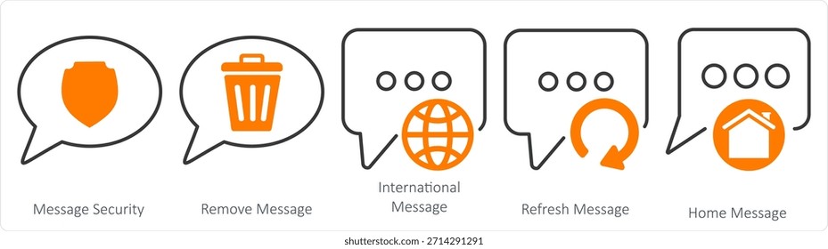 Un conjunto de 5 iconos de contacto como mensaje de seguridad, eliminar mensaje, mensaje internacional