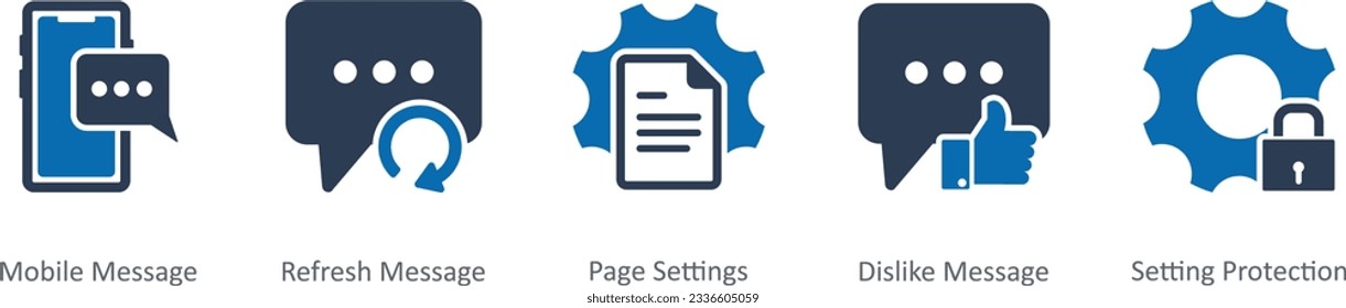 Un conjunto de 5 iconos de contacto como mensaje móvil, mensaje de actualización, configuración de página