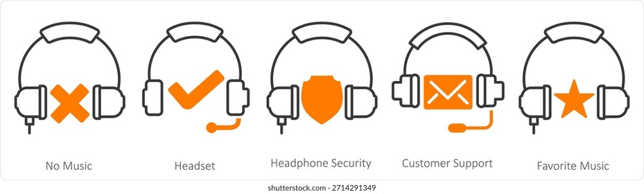 A set of 5 contact icons as no music, headset, headphone security