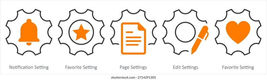 Un conjunto de 5 iconos de contacto como configuración de notificación, configuración de favoritos, Configuraciones de página