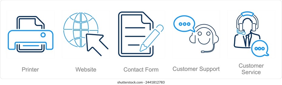A set of 5 Contact icons as printer, website, contact form