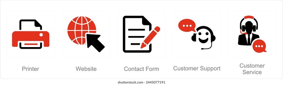 Un conjunto de 5 iconos de contacto como impresora, Sitio web, formulario de contacto
