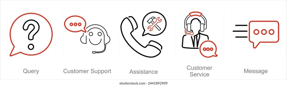 A set of 5 Contact icons as query, customer support, assistance