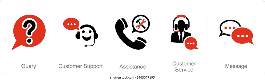A set of 5 Contact icons as query, customer support, assistance