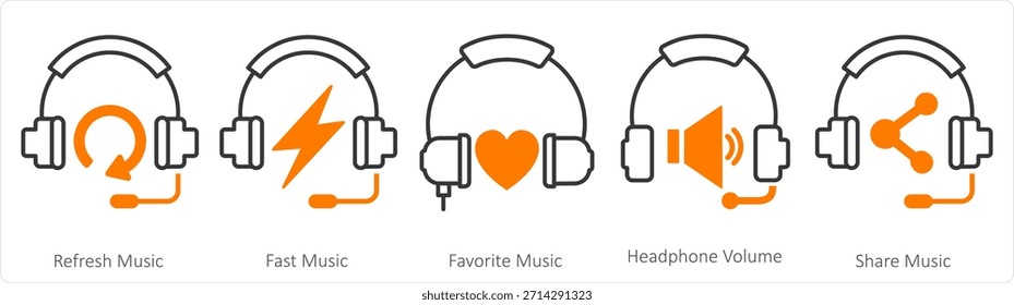 Ein Satz von 5 Kontaktsymbolen wie Musik aktualisieren, schnelle Musik, Lieblingsmusik
