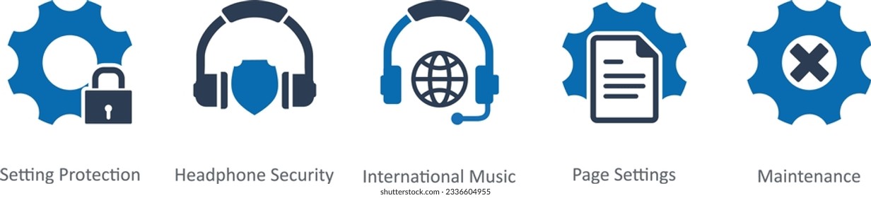 Un conjunto de 5 iconos de contacto como protección de configuración, seguridad de auriculares, música internacional