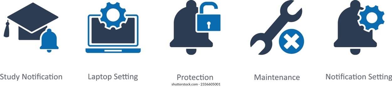 Un conjunto de 5 iconos de contacto como notificación de estudio, configuración de laptop, protección
