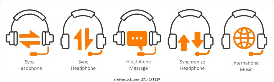 Un conjunto de 5 iconos de contacto como auriculares de sincronización, mensaje de auriculares, auriculares de sincronización