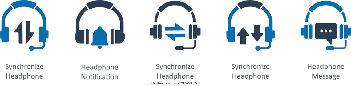 A set of 5 Contact icons as synchronize headphone, headphone notification, headphone message