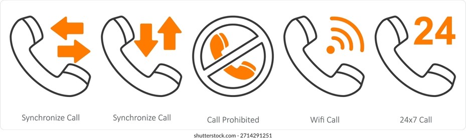 Un conjunto de 5 iconos de contacto como llamada de sincronización, llamada prohibida, llamada wifi