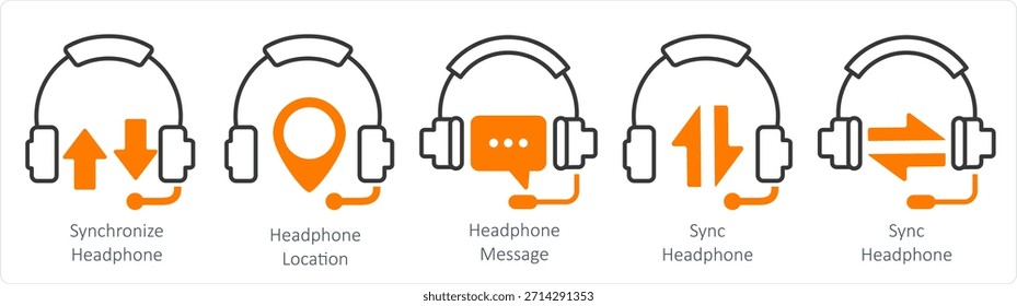 A set of 5 contact icons as synchronize headphone, headphone location, headphone message
