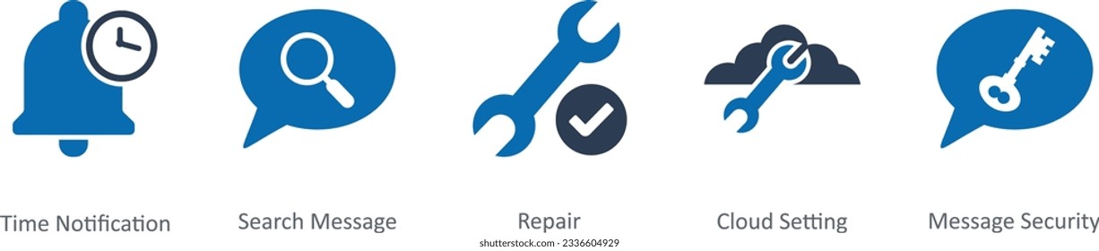 A set of 5 Contact icons as time notification, search message, repair