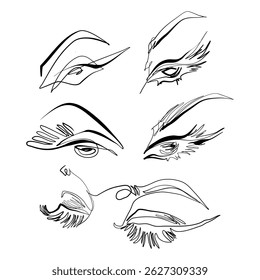 Conjunto de 5 desenhos contínuos de uma linha de belos olhos femininos. Ilustrações de moda minimalistas. Olhos de mulher com cílios longos e sobrancelhas arte linha criativa. 