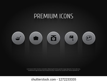 Set of 5 cooking icons set. Collection of soup, mixer, scales and other elements.