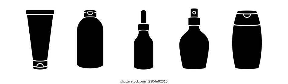 Set of 5 cosmetic container icon, flat glyph style, clipart design template, isolated on white background
