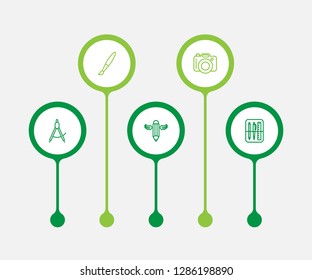 Set of 5 creative icons line style set. Collection of case, photo, wings and other elements.