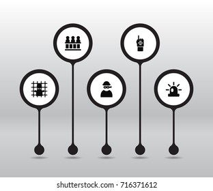Set Of 5 Criminal Icons Set.Collection Of Jail, Walkie-Talkie, Signal And Other Elements.