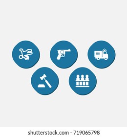 Set Of 5 Criminal Icons Set.Collection Of Truck, Jury, Victim And Other Elements.