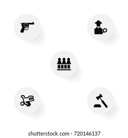 Set Of 5 Criminal Icons Set.Collection Of Inspector, Judge Gavel, Revolver And Other Elements.