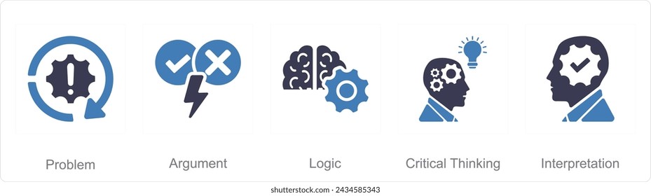 Un conjunto de 5 iconos de Pensamiento Crítico como problema, argumento, lógica