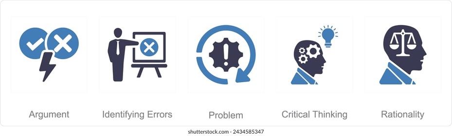 Un conjunto de 5 iconos de Pensamiento Crítico como argumento, identificando errores, problema