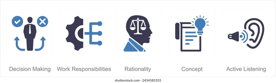 Un conjunto de 5 iconos del Pensamiento Crítico como la toma de decisiones, las responsabilidades laborales, la racionalidad