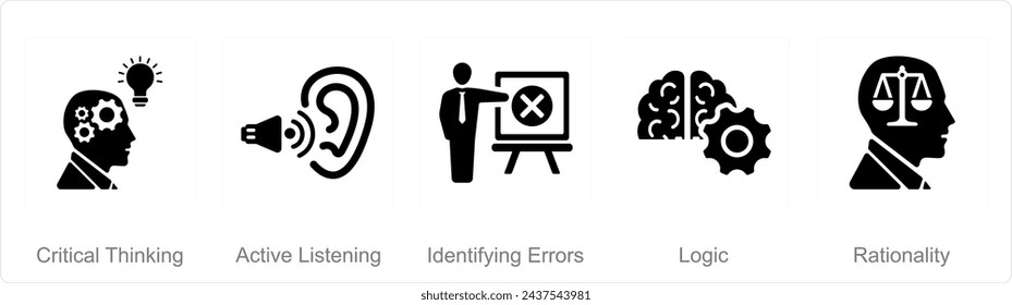 Un conjunto de 5 iconos de pensamiento crítico como pensamiento crítico, escucha activa, identificación de errores