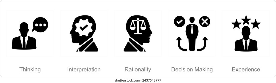 A set of 5 Critical Thinking icons as thinking, interpretation, rationality