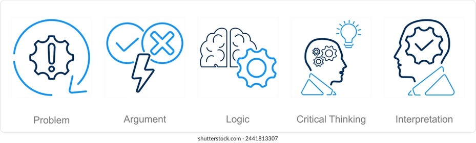 Un conjunto de 5 iconos de Pensamiento Crítico como problema, argumento, lógica