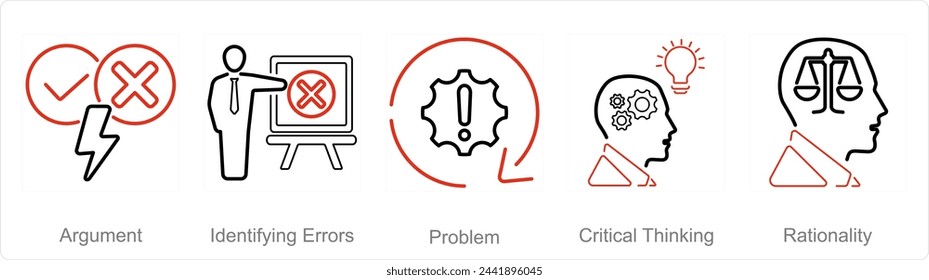 A set of 5 Critical Thinking icons as argument, identifying errors, problem