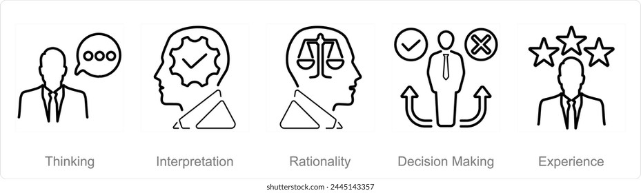 Eine Reihe von 5 Critical Thinking Icons als Denken, Interpretation, Rationalität