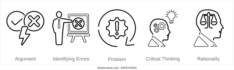 A set of 5 Critical Thinking icons as argument, identifying errors, problem