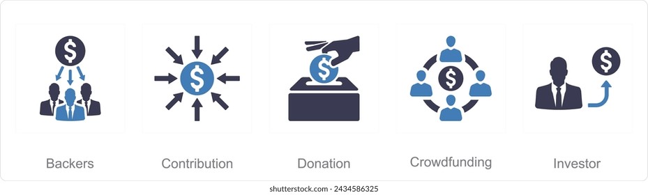 A set of 5 Crowdfunding icons as backers, contribution, donation