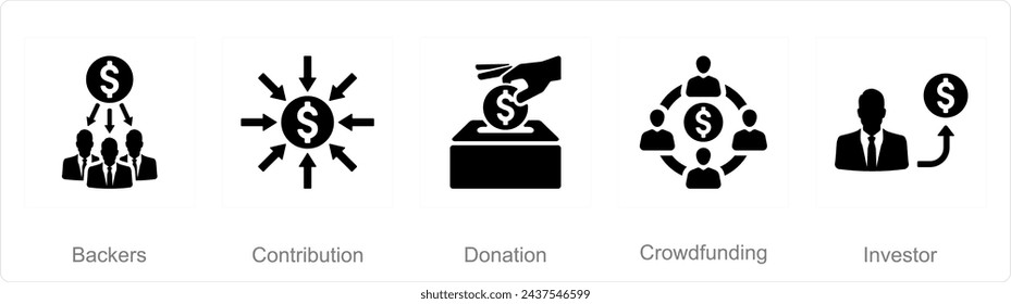 A set of 5 Crowdfunding icons as backers, contribution, donation