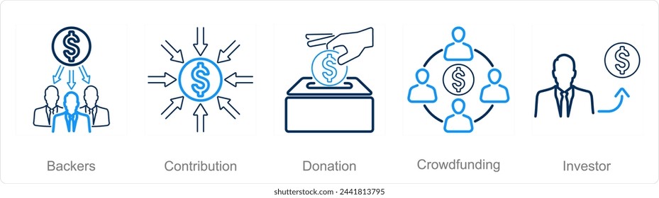 A set of 5 Crowdfunding icons as backers, contribution, donation