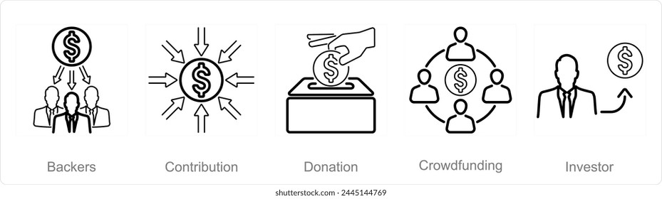 A set of 5 Crowdfunding icons as backers, contribution, donation